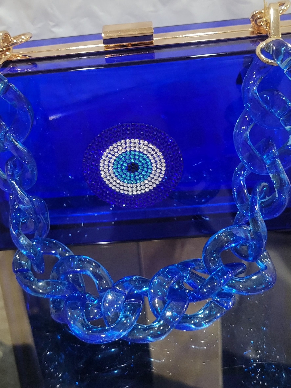 Blue Acrylic Evil Eye Chain Handle Clutch Bag
